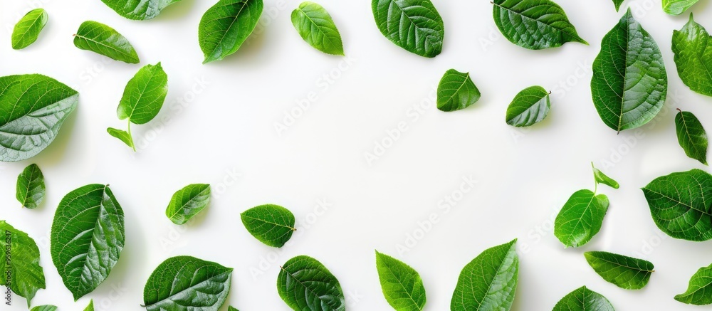 Spring backdrop featuring fresh green leaves White background Flat lay Top view Copyspace Spring backdrop featuring fresh green leaves White background Flat lay Top view Copyspace