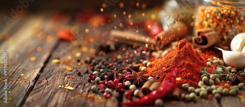 Fototapeta Naklejka Na Ścianę i Meble -  A close up of various vibrant spices from around the world on a wooden table. Copy space image. Place for adding text and design