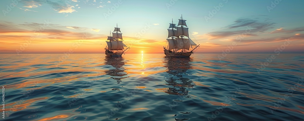 Two majestic sailing ships on a calm ocean at sunset, reflecting on tranquil waters under a dramatic sky with vibrant colors. Two majestic sailing ships on a calm ocean at sunset, reflecting on tranquil waters under a dramatic sky with vibrant colors.