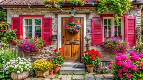 a photo image of a charming small wooden house with a bright pink door, white shutters, and a tiny garden with colorful flowers