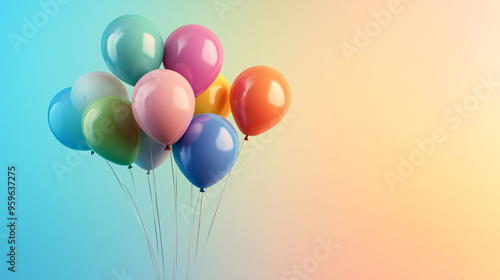 birthday party balloons, colourful balloons background and birthday cake with candles	