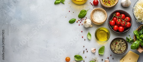 Wallpaper Mural Round homemade vegetarian pizza surrounded by cooking ingredients on a gray table Top view copy space Torontodigital.ca