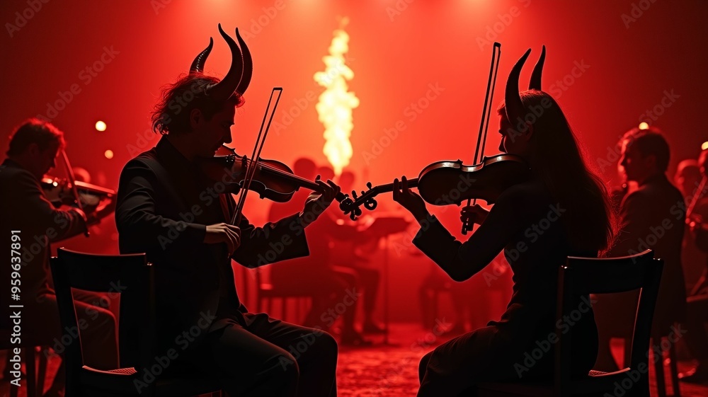 Fototapeta premium violin concert scene black and red shades sitting devils pronounced detailing plays the violin against the background of a light fire orchestra