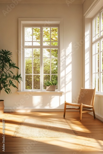 Sunlit Modern Interior with Large Windows, Wooden Floor, and Cozy Chair in a Bright Living Room