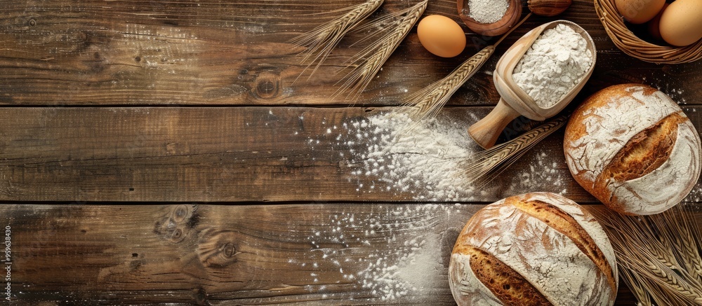 Loaf of fresh bread and baking ingredients for homemade recipes on a wooden table Baker s food set on a wood plank background texture with copy space Flat lay top view Loaf of fresh bread and baking ingredients for homemade recipes on a wooden table Baker s food set on a wood plank background texture with copy space Flat lay top view