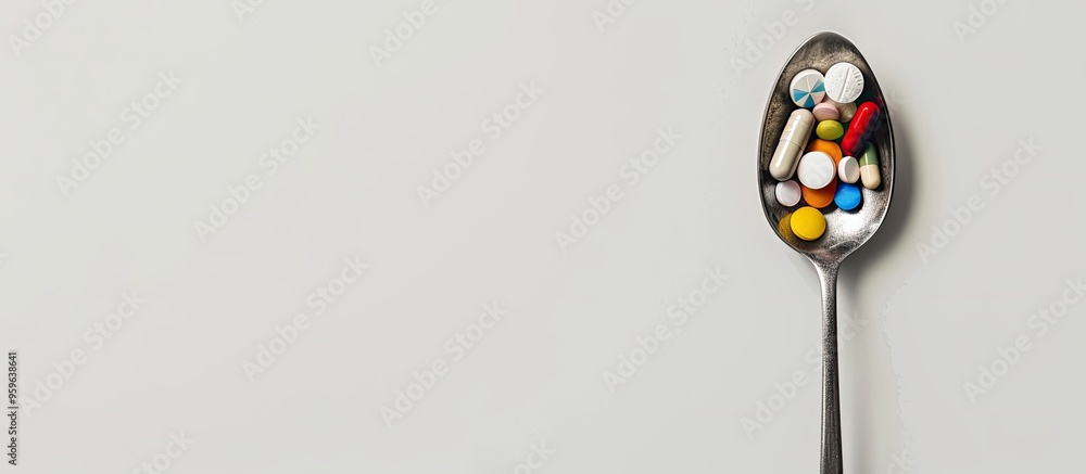 Medicine and health treatment pharmacy coronavirus pandemic epidemic concept arrangement of one large silver spoon with various pills and capsules on a white background copyspace Medicine and health treatment pharmacy coronavirus pandemic epidemic concept arrangement of one large silver spoon with various pills and capsules on a white background copyspace