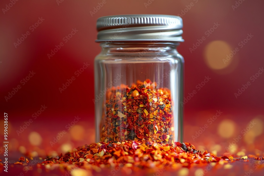 Glass Jar Filled with Dried Chili Flakes on a Red Background Glass Jar Filled with Dried Chili Flakes on a Red Background