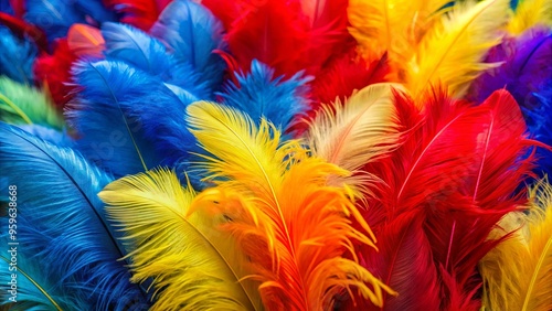 Vibrant stock photo of red, yellow, and blue feathers in a colorful display