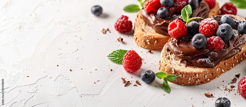 Tasty breakfast featuring toast with chocolate nut paste and berries on a white table. Copy space image. Place for adding text and design Tasty breakfast featuring toast with chocolate nut paste and berries on a white table. Copy space image. Place for adding text and design