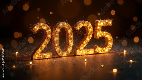 golden glittering 2025 text on dark festive background, greeting card, christmas and new year celebration, holiday season, sparkling light.