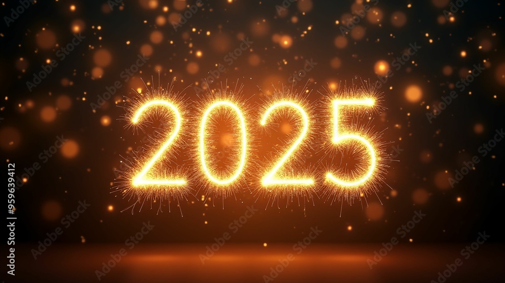 Numbers 2025 on blurred golden background, bokeh Numbers 2025 on blurred golden background, bokeh