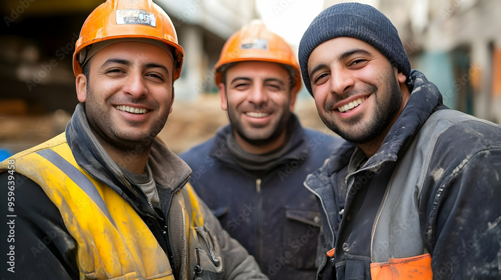 Three smiling construction workers in helmets on a job site. Three smiling construction workers in helmets on a job site.