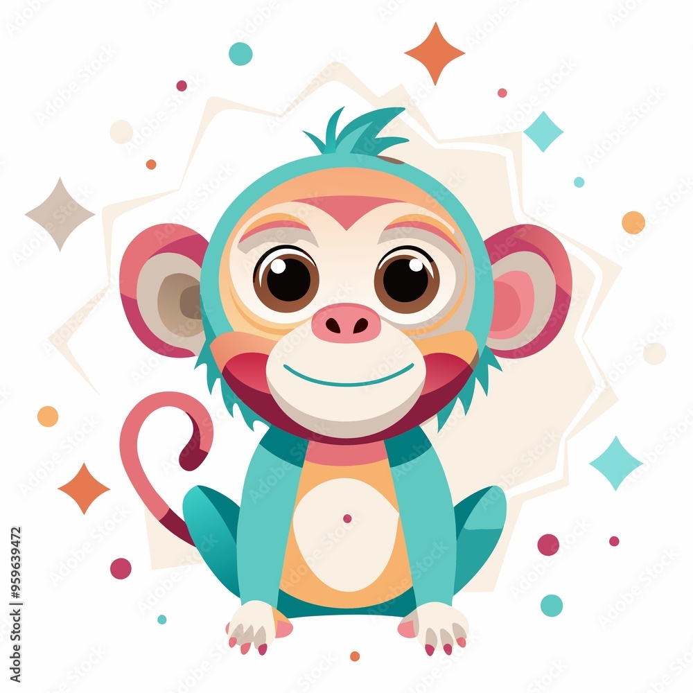 Cute cartoon monkey character with big eyes and a cheerful expression surrounded by colorful shapes Cute cartoon monkey character with big eyes and a cheerful expression surrounded by colorful shapes