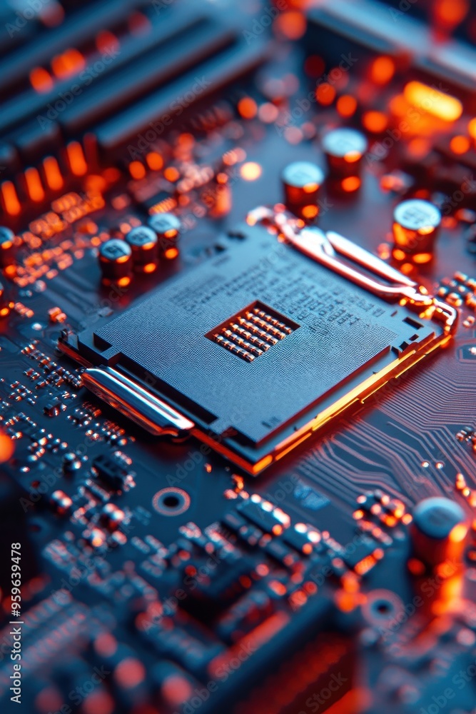 Close-up of a Modern Computer Motherboard with Glowing Circuitry and Components Close-up of a Modern Computer Motherboard with Glowing Circuitry and Components