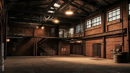 An empty interior of an old factory with brick walls, a steel staircase, and a light shining through a skylight.