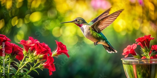 a photo image of a bright green hummer hovering above a vase of fresh red flowers in warm sunlight photo