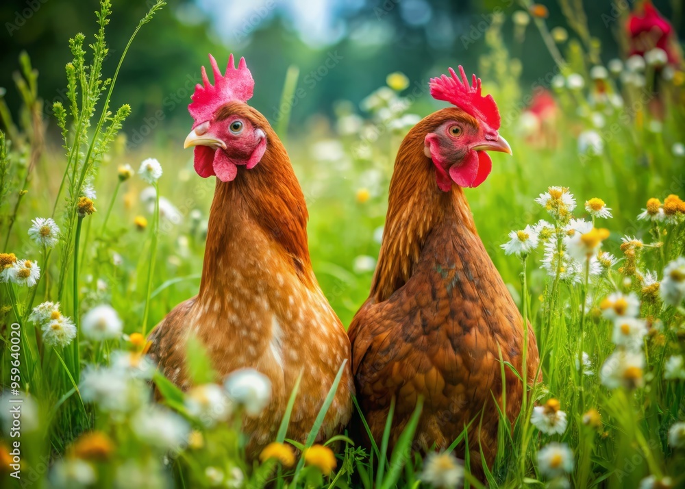 Fototapeta premium a photo image of two red hens standing in a lush green field, surrounded by tall grasses and wildflowers, with curved beaks and friendly eyes