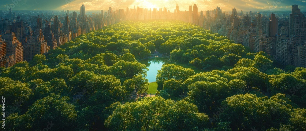 Aerial View of a Lush Park Separating a City Skyline from the Sunset Aerial View of a Lush Park Separating a City Skyline from the Sunset
