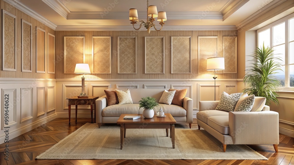 a photo image of a warmly lit living room with traditional wainscoting wall panels featuring a soft white trim and a soft beige wallpaper a photo image of a warmly lit living room with traditional wainscoting wall panels featuring a soft white trim and a soft beige wallpaper