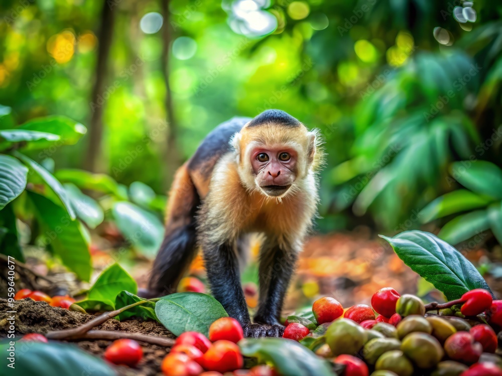 a photo image of vibrant green forest floor where a curious capuchin monkey named ara forages for exotic berries amidst fallen leaves and tree roots a photo image of vibrant green forest floor where a curious capuchin monkey named ara forages for exotic berries amidst fallen leaves and tree roots