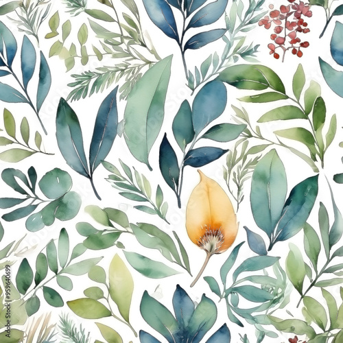 seamless Watercolor Pattern using botanical elements.