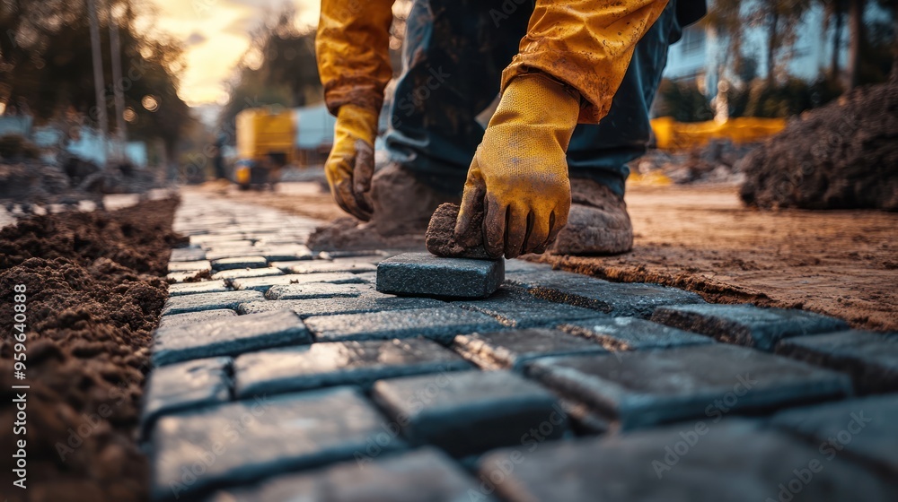 Workers Focus on Laying Paving Stones with Accuracy and Safety. Workers Focus on Laying Paving Stones with Accuracy and Safety.