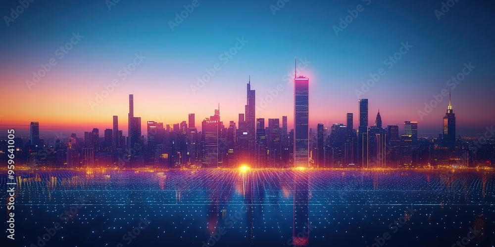 Stunning skyline at sunset, showcasing vibrant colors and modern architecture reflecting on water for a captivating urban scene. Stunning skyline at sunset, showcasing vibrant colors and modern architecture reflecting on water for a captivating urban scene.