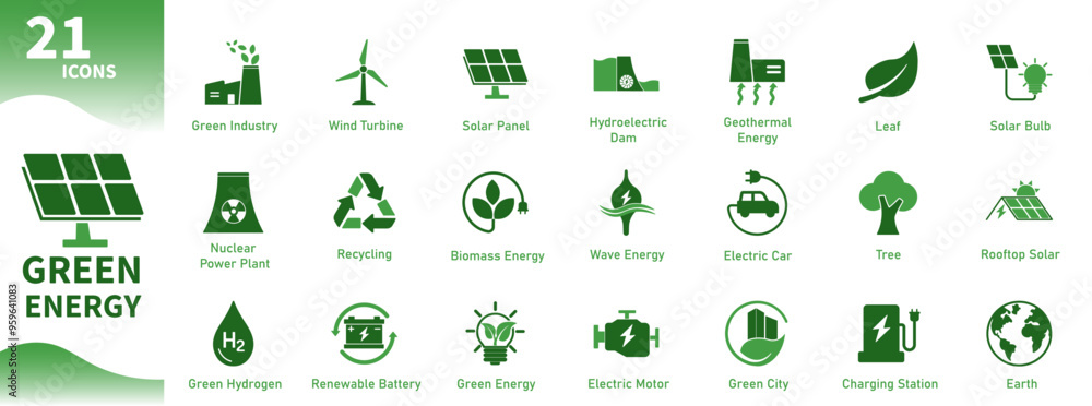 Green energy icon. Collection of icons about ecology, renewable energy, environment, earth, nature. Solid vector icons.