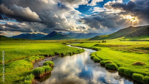 Scenic landscape with stream, green field, mountains, and clouds, on a cloudy day