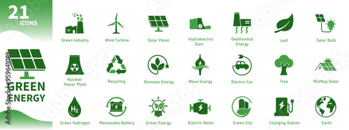Obraz na płótnie Green energy icon. Collection of icons about ecology, renewable energy, environment, earth, nature. Solid vector icons. w salonie