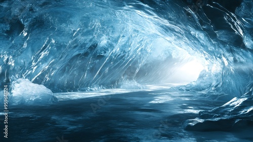 An icy cave with a bright light at the end, a frozen river in the foreground.