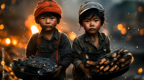 Two children holding coal i...