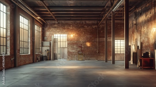 An empty room with exposed brick walls, metal beams, and large windows, giving it an industrial feel.