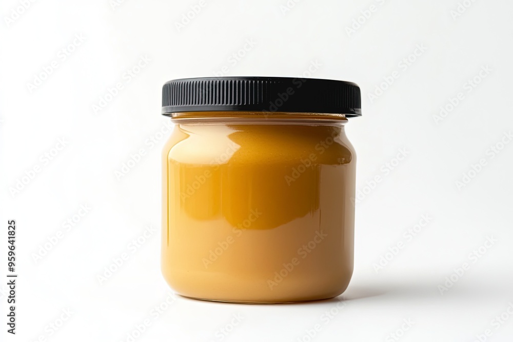 peanut butter in glass jar with black plastic lid on white background. Generative Ai peanut butter in glass jar with black plastic lid on white background. Generative Ai