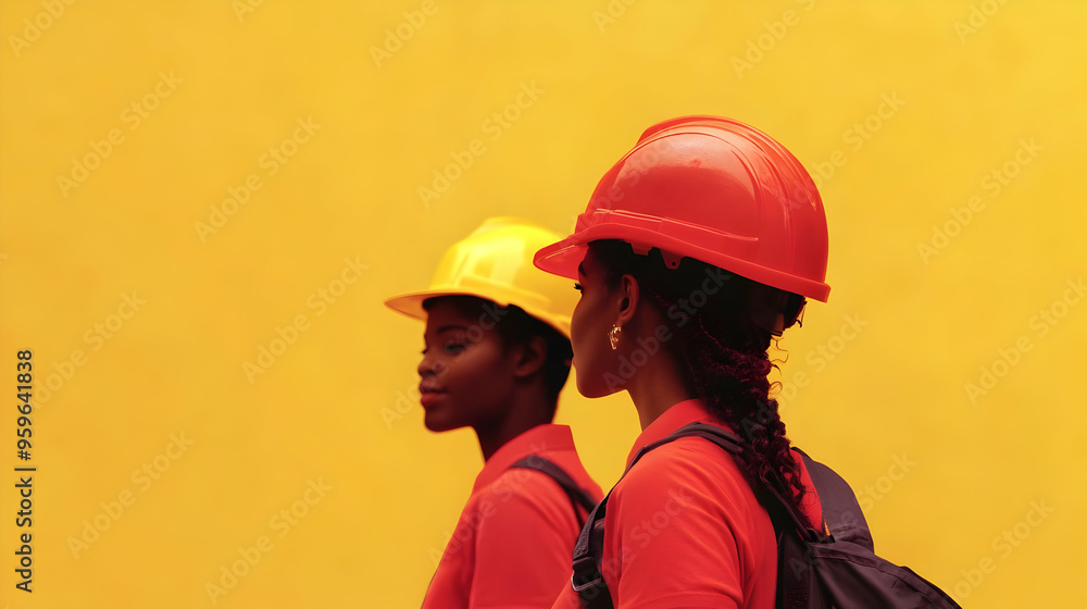Two women in hard hats against a vibrant yellow background. Two women in hard hats against a vibrant yellow background.