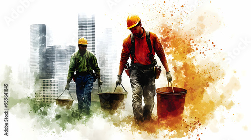 Two workers carrying bucket...