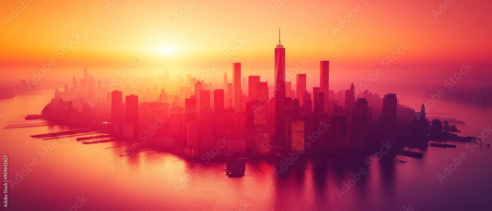 Fototapeta premium Silhouetted Manhattan Skyline at Sunrise with a Pink and Orange Sky