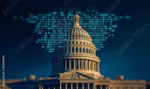 united states capitol building with binary code and data analysis overlay - symbolic representation of modern government and technology.