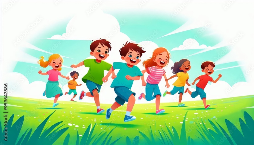 Group of happy children running and playing in a green field under a blue sky. Group of happy children running and playing in a green field under a blue sky.