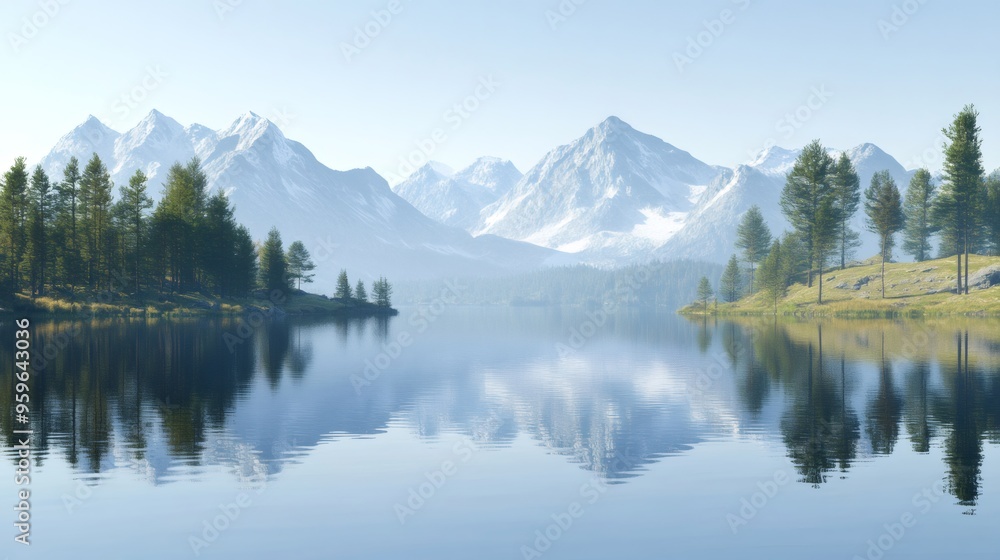 Calm lake reflecting a snow-capped mountain range, with trees lining the shores. Calm lake reflecting a snow-capped mountain range, with trees lining the shores.