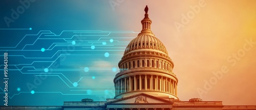 united states capitol building with digital network and financial chart overlay - symbol of american governance and economic growth
