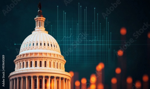 us capitol building dome with abstract financial data and bokeh lights overlay - financial market, economy, government, politics, washington dc