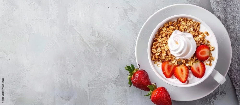 Ideal breakfast crispy granola topped with yogurt and strawberries alongside a cup of black coffee on a gray background Top view with copyspace Ideal breakfast crispy granola topped with yogurt and strawberries alongside a cup of black coffee on a gray background Top view with copyspace