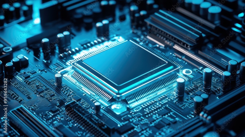 High-Tech Microchip on Circuit Board with Blue Lighting - Close-Up of Modern Technology High-Tech Microchip on Circuit Board with Blue Lighting - Close-Up of Modern Technology