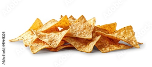 Group of crispy corn tortilla nacho chips background with clipping path. Copy space image. Place for adding text and design photo