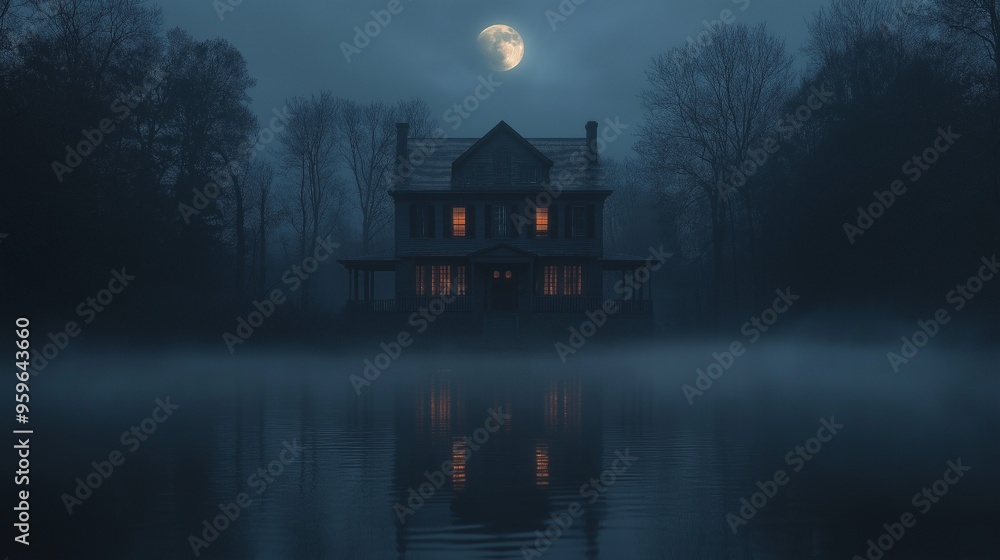 Eerie Haunted House by Moonlit Foggy Lake at Night with Spooky Atmosphere and Reflections Eerie Haunted House by Moonlit Foggy Lake at Night with Spooky Atmosphere and Reflections