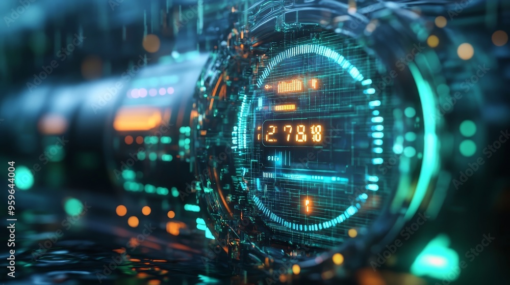 A futuristic water meter displaying real-time statistics, connected to a sleek rainwater harvesting system, glowing holographic interface, digital neon elements, Sci-Fi, vibrant blue and green. A futuristic water meter displaying real-time statistics, connected to a sleek rainwater harvesting system, glowing holographic interface, digital neon elements, Sci-Fi, vibrant blue and green.