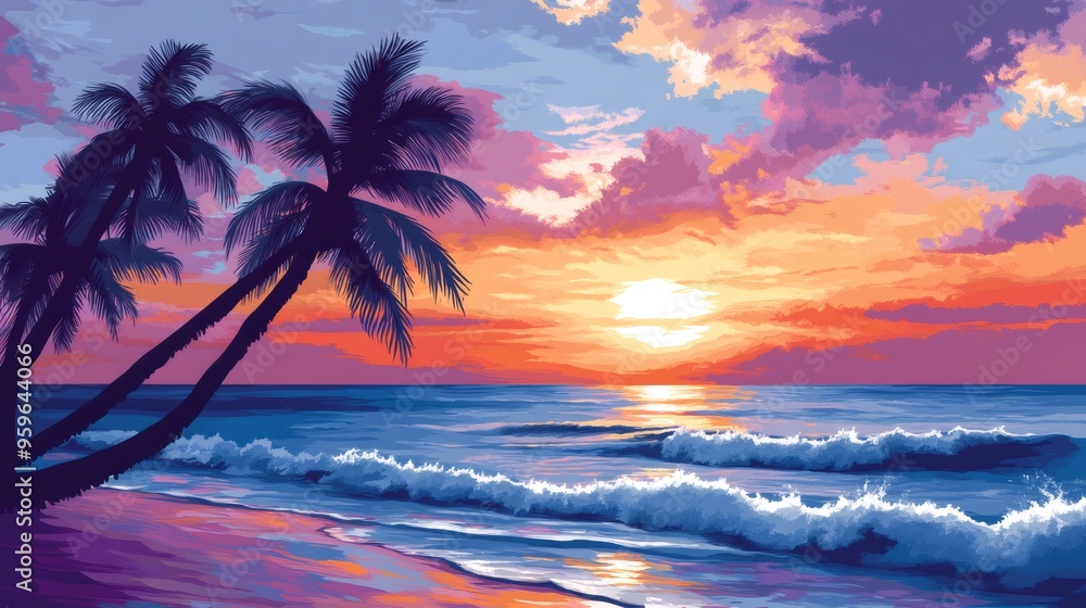 A tropical sunset with palm trees and crashing waves. A tropical sunset with palm trees and crashing waves.