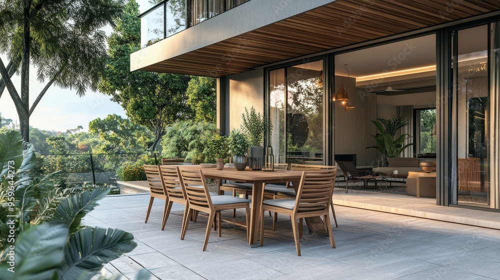 Fototapeta premium Modern Outdoor Patio with Wooden Furniture and Lush Greenery in a Contemporary Home Setting