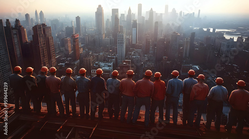 Workers in hard hats overlo...